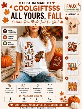 Womens White 'FALL' Faux Embroidered Graphic Tees pick 1. Fun S M L XL. NEW